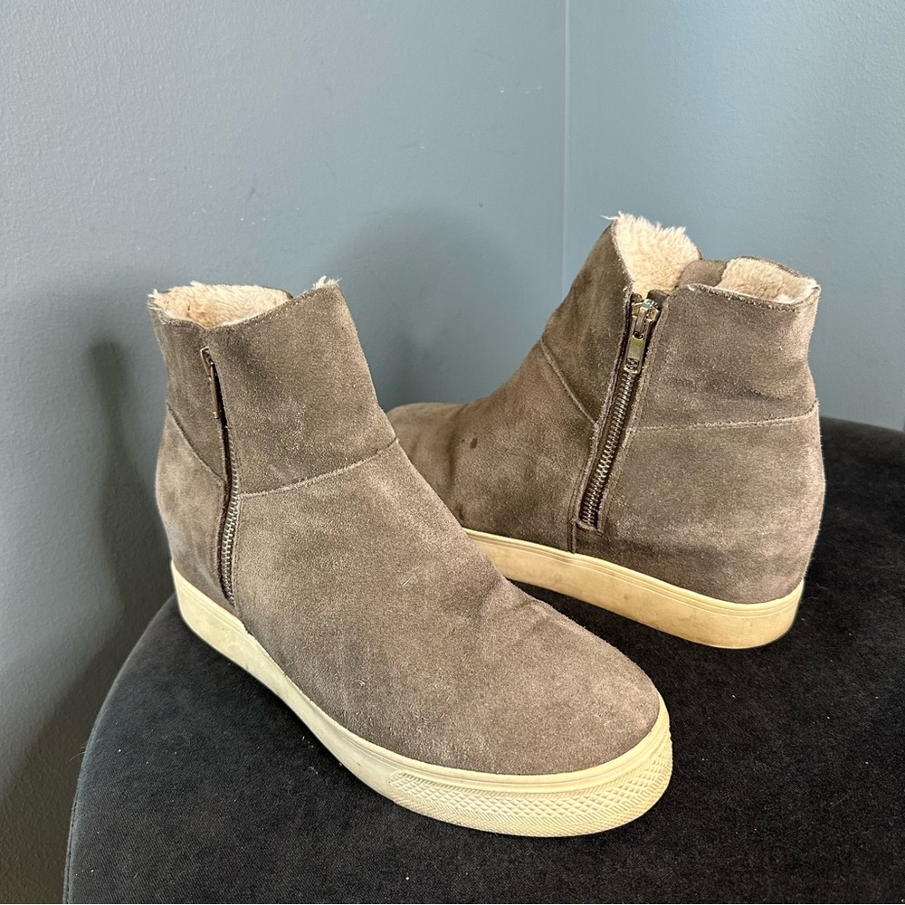 Steve Madden Women's Wanda Faux Fur Wedge Sneaker in Taupe Suede
